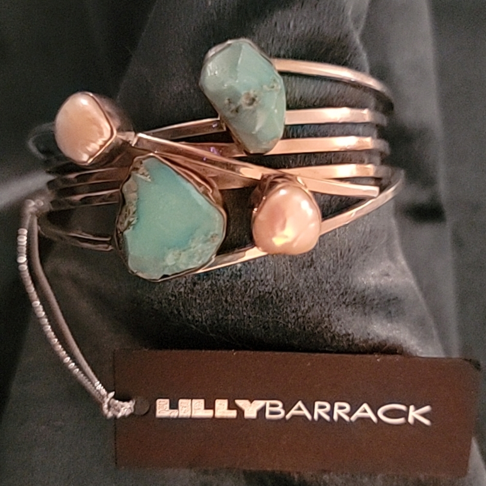 LILLY BARRACK Sterling Natural TURQUOISE & PEARL Adjustable Cuff Bracelet